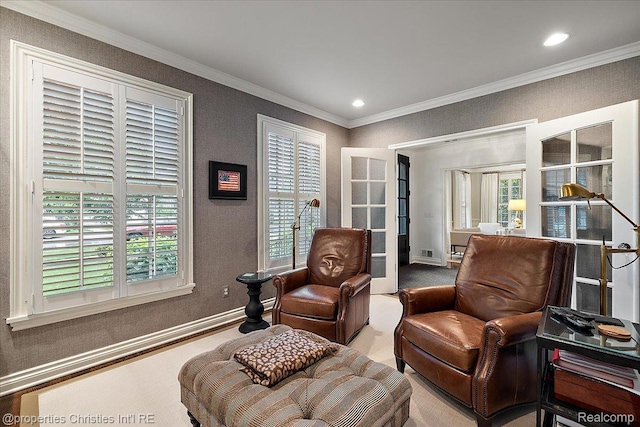 364 Chesterfield Ave, Birmingham, MI 48009 - living area featuring plenty of natural light, ornamental molding, baseboards, recessed lighting, and carpet