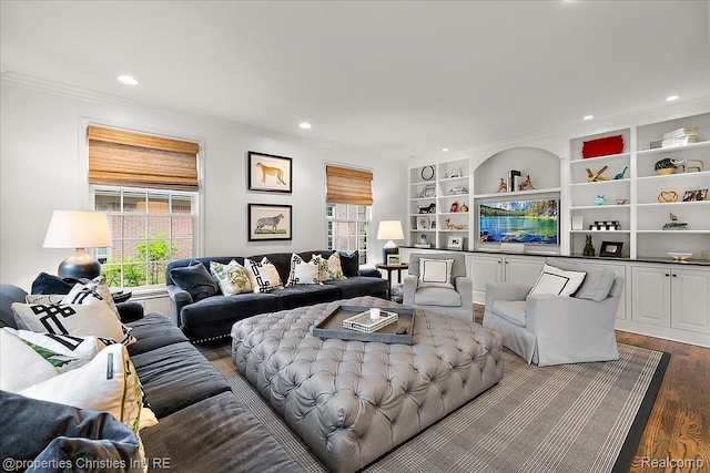 364 Chesterfield Ave, Birmingham, MI 48009 - living area with healthy amount of natural light, dark wood finished floors, ornamental molding, recessed lighting, and built in features