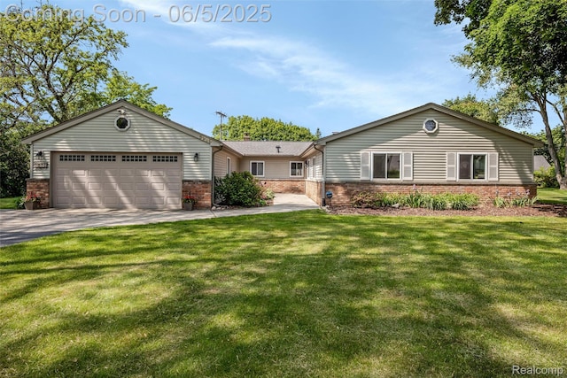 5908 Burnham Rd, Bloomfield Hills, MI 48302 - ranch-style home with brick siding, a garage, driveway, and a front lawn