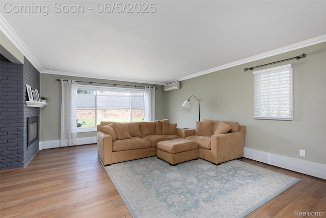 5908 Burnham Rd, Bloomfield Hills, MI 48302 - living room featuring crown molding, baseboards, a brick fireplace, light wood-style flooring, and a wall mounted AC