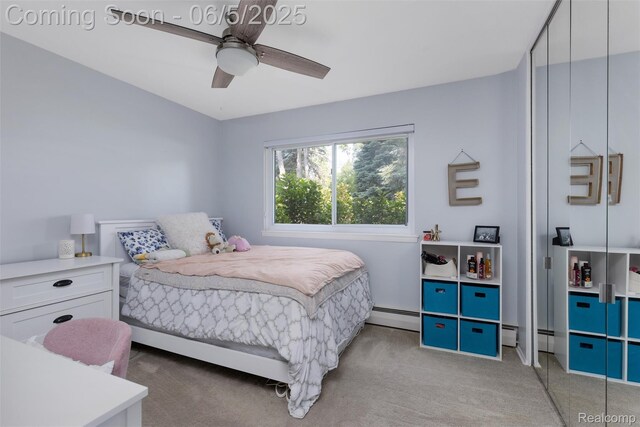 5908 Burnham Rd, Bloomfield Hills, MI 48302 - bedroom with light colored carpet, a closet, baseboard heating, and ceiling fan