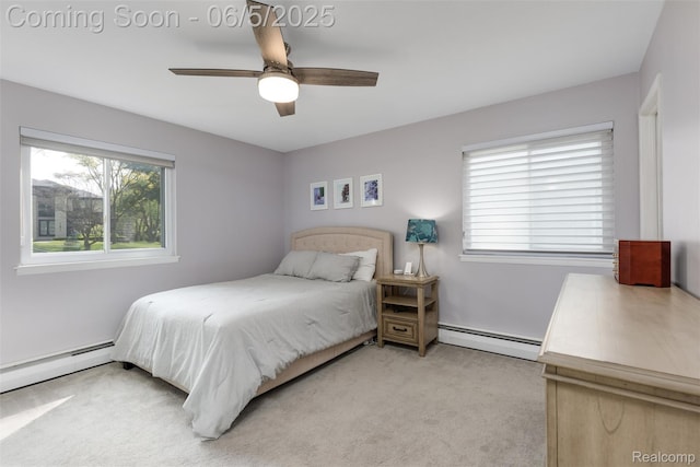5908 Burnham Rd, Bloomfield Hills, MI 48302 - bedroom featuring a baseboard heating unit, light colored carpet, and ceiling fan