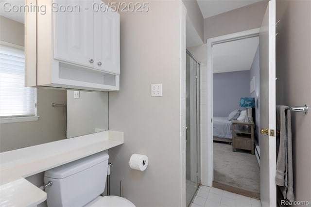5908 Burnham Rd, Bloomfield Hills, MI 48302 - bathroom with a stall shower, toilet, tile patterned flooring, and ensuite bath