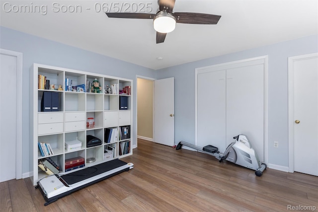 5908 Burnham Rd, Bloomfield Hills, MI 48302 - bedroom with wood finished floors, baseboards, ceiling fan, and a closet