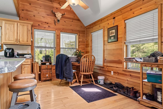 1687 Dimmers Rd, Reading, MI 49274 - office area with vaulted ceiling, wooden walls, a ceiling fan, and light wood-style flooring