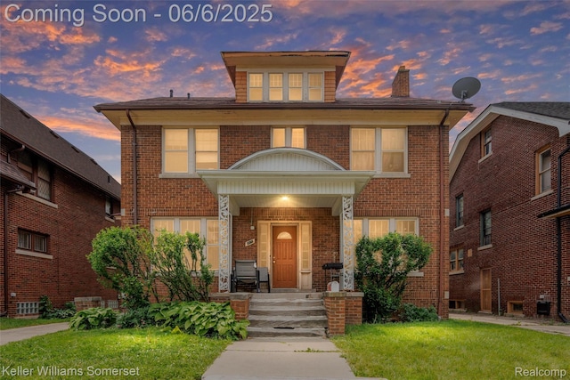 1475 Atkinson St, Detroit, MI 48206 - view of front facade with a chimney, brick siding, and central air condition unit