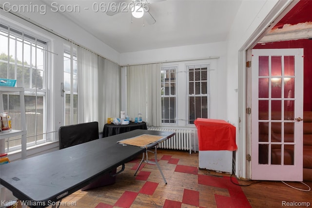 1475 Atkinson St, Detroit, MI 48206 - home office with radiator, ceiling fan, wood finished floors, and plenty of natural light