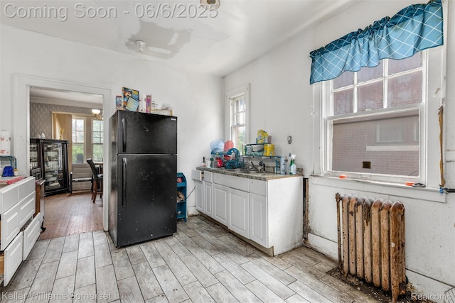 1475 Atkinson St, Detroit, MI 48206 - kitchen with freestanding refrigerator, radiator, light wood-type flooring, and healthy amount of natural light