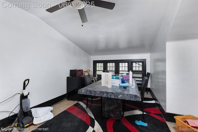 1475 Atkinson St, Detroit, MI 48206 - dining space featuring a ceiling fan, vaulted ceiling, and baseboards