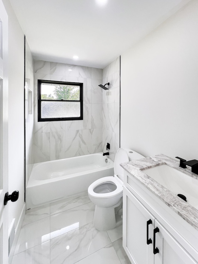 20215 Damman St, Harper Woods, MI 48225 - full bathroom featuring shower / bathtub combination, toilet, vanity, and marble finish flooring