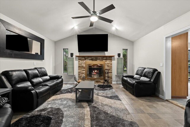 2128 Somerset Rd, Bloomfield Hills, MI 48302 - living room featuring ceiling fan, lofted ceiling, a fireplace, and baseboards