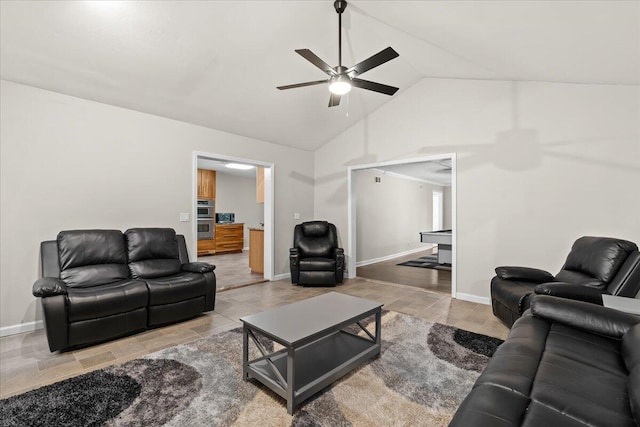 2128 Somerset Rd, Bloomfield Hills, MI 48302 - living area with ceiling fan, baseboards, and high vaulted ceiling