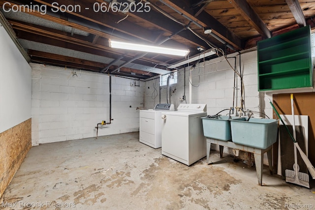 21426 Syracuse Ave, Warren, MI 48091 - unfinished basement with washer and clothes dryer, a sink, and concrete block wall