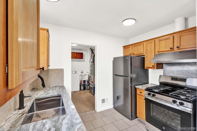 244 E Woodward Heights Blvd, Hazel Park, MI 48030 - kitchen with appliances with stainless steel finishes, under cabinet range hood, washer / clothes dryer, a sink, and backsplash