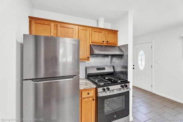 244 E Woodward Heights Blvd, Hazel Park, MI 48030 - kitchen featuring stainless steel appliances, ventilation hood, baseboards, light stone counters, and brown cabinetry