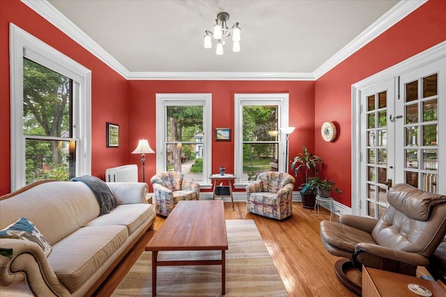 244 Paris Ave SE, Grand Rapids, MI 49503 - living area with radiator heating unit, a chandelier, light wood-type flooring, crown molding, and baseboards