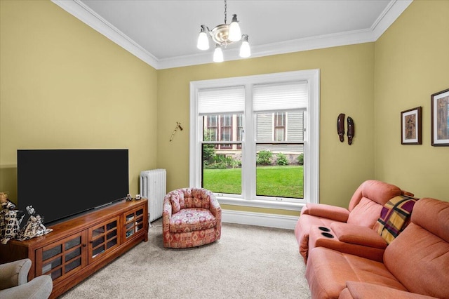 244 Paris Ave SE, Grand Rapids, MI 49503 - carpeted living area featuring radiator, ornamental molding, and a chandelier