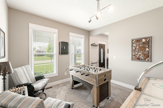 12150 Apple Cart Ln, Lowell, MI 49331 - recreation room with carpet floors, baseboards, and track lighting