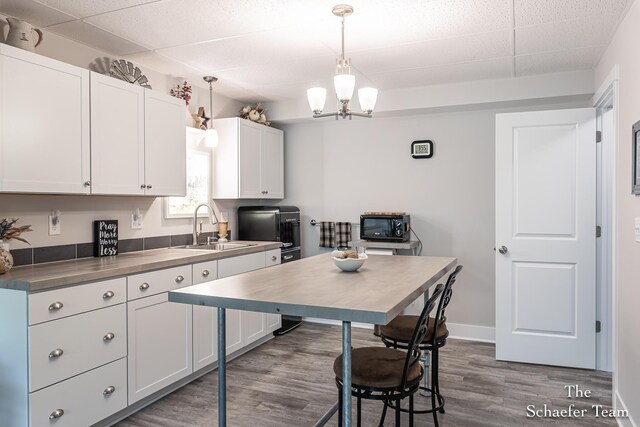 12150 Apple Cart Ln, Lowell, MI 49331 - kitchen with a sink, black microwave, stainless steel counters, dark wood finished floors, and white cabinetry