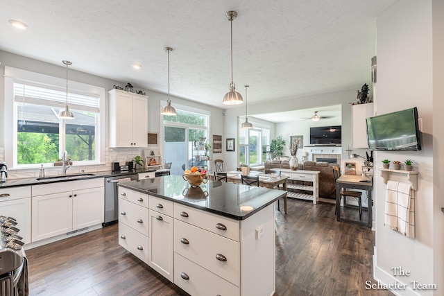 12150 Apple Cart Ln, Lowell, MI 49331 - kitchen featuring a sink, dishwasher, dark wood-style flooring, a kitchen island, and white cabinetry