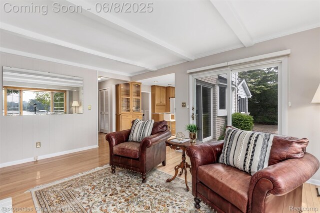 3379 Wormer Dr, Waterford, MI 48329 - living room with beamed ceiling, wood finished floors, plenty of natural light, and baseboards