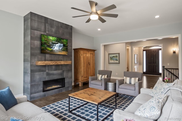 1641 Traceky, Rochester Hills, MI 48306 - living area featuring ceiling fan, wood finished floors, recessed lighting, and a tile fireplace