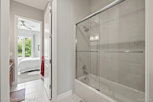 1641 Traceky, Rochester Hills, MI 48306 - ensuite bathroom featuring enclosed tub / shower combo, ceiling fan, and tile patterned flooring