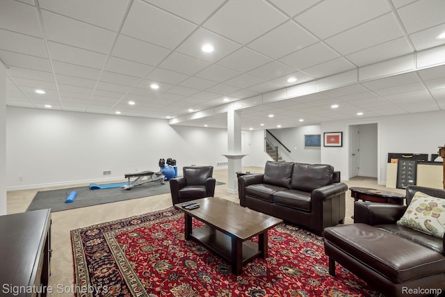 1641 Traceky, Rochester Hills, MI 48306 - carpeted living area with stairs and recessed lighting