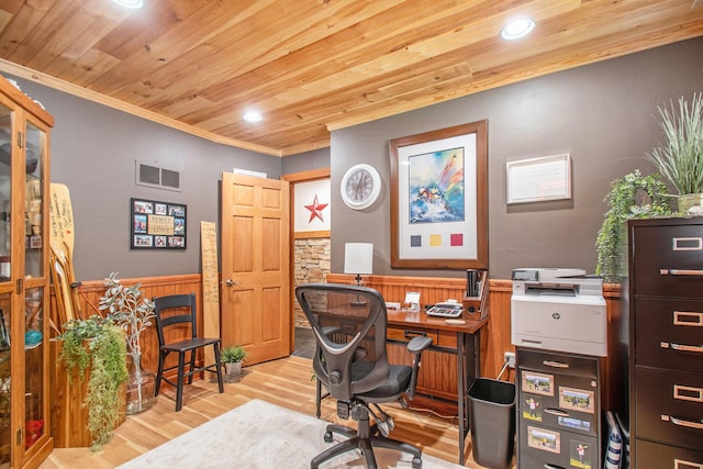3210 Niles Buchanan Rd, Buchanan, MI 49107 - office area with a wainscoted wall, wood ceiling, wood finished floors, recessed lighting, and crown molding