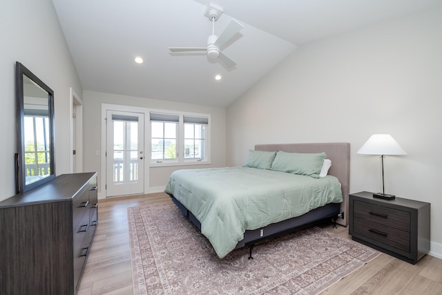 917 Harbor Dr E, Saint Joseph, MI 49085 - bedroom featuring lofted ceiling, light wood-type flooring, access to exterior, recessed lighting, and ceiling fan