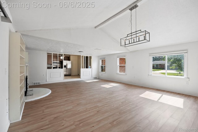 23808 Beierman Ave, Warren, MI 48091 - unfurnished living room featuring beam ceiling, wood finished floors, baseboards, and high vaulted ceiling