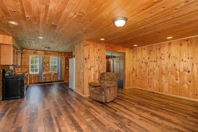 6997 W Woodlea Rd, Oscoda, MI 48750 - unfurnished room featuring dark wood-style flooring, a sink, wood ceiling, recessed lighting, and wood walls