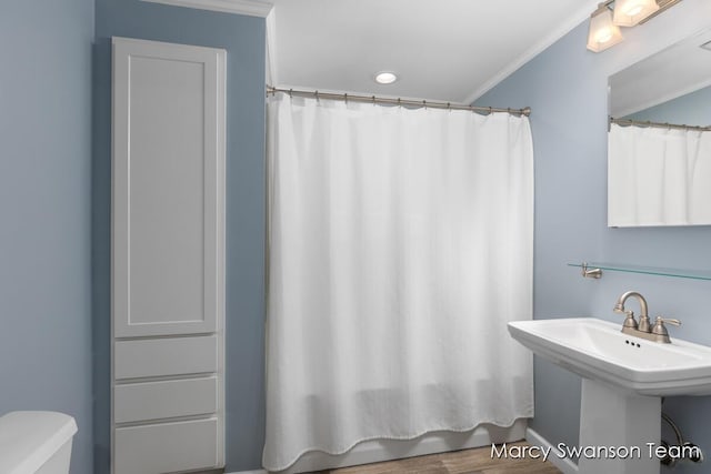 815 Reynard St SE, Grand Rapids, MI 49507 - bathroom with toilet, wood finished floors, ornamental molding, and a sink