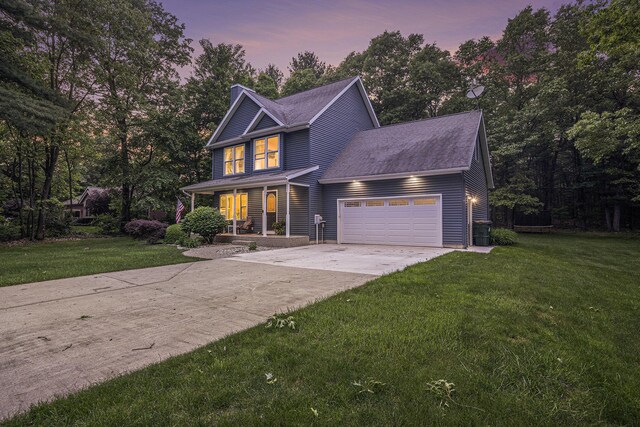 1518 White Pine Ct, Twin Lake, MI 49457 - view of front of property featuring a chimney, covered porch, driveway, a garage, and a front yard