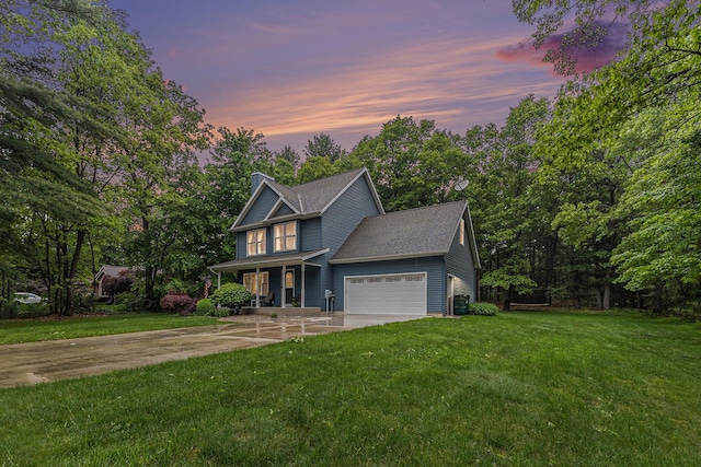 1518 White Pine Ct, Twin Lake, MI 49457 - view of front of house featuring driveway, covered porch, a front yard, a shingled roof, and a chimney