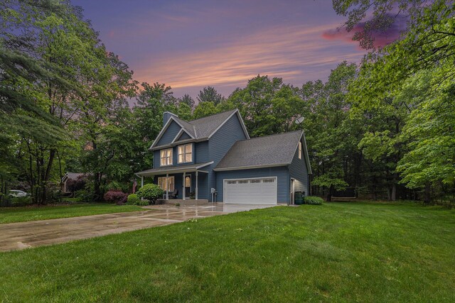 1518 White Pine Ct, Twin Lake, MI 49457 - view of front facade with concrete driveway, a lawn, a chimney, roof with shingles, and a porch