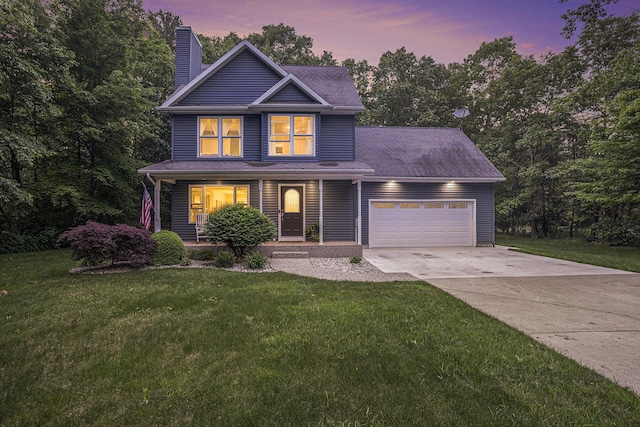 1518 White Pine Ct, Twin Lake, MI 49457 - traditional-style home featuring a chimney, an attached garage, concrete driveway, and a front lawn