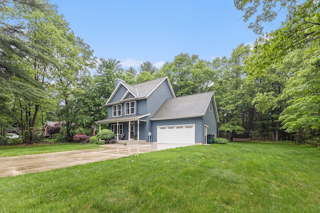 1518 White Pine Ct, Twin Lake, MI 49457 - view of front of property with concrete driveway, a front yard, a shingled roof, a garage, and a chimney