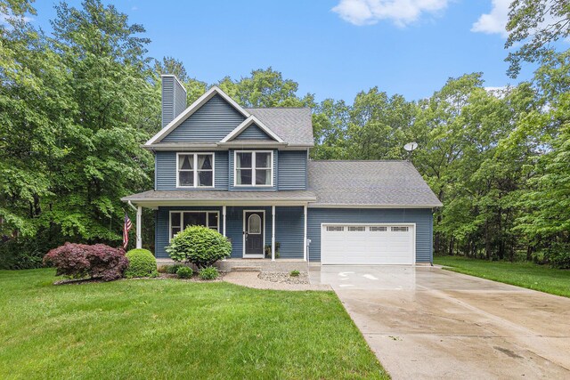 1518 White Pine Ct, Twin Lake, MI 49457 - traditional home featuring concrete driveway, a garage, a chimney, and a front yard