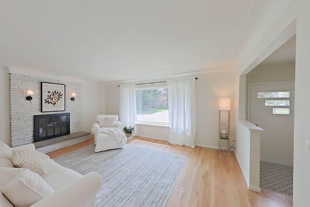 2113 12th St, Wyandotte, MI 48192 - living room featuring light wood-type flooring, a fireplace, and baseboards