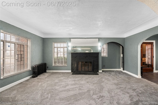 15915 Vaughan St, Detroit, MI 48223 - unfurnished living room with radiator heating unit, a textured ceiling, carpet flooring, baseboards, and a brick fireplace