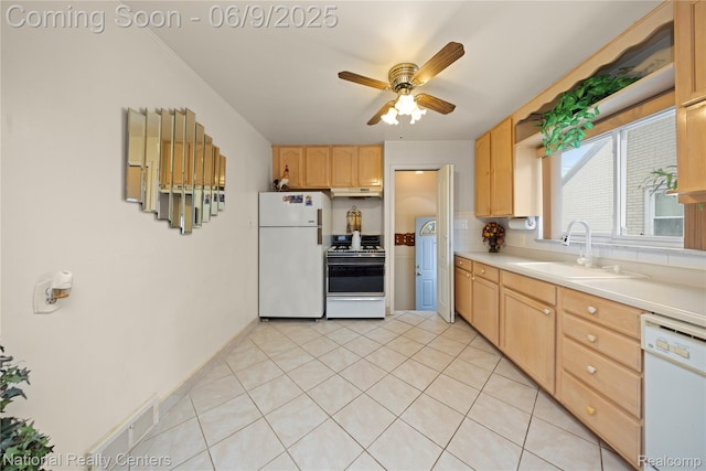 11322 Leverne, Redford, MI 48239 - kitchen featuring white appliances, a sink, light brown cabinetry, under cabinet range hood, and ceiling fan