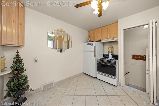 11322 Leverne, Redford, MI 48239 - kitchen featuring white appliances, under cabinet range hood, light brown cabinets, ceiling fan, and baseboards