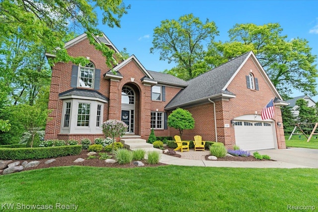1307 Trillium Ct, Wixom, MI 48393 - traditional-style house with driveway, brick siding, an attached garage, and a front lawn
