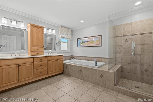 1307 Trillium Ct, Wixom, MI 48393 - full bath featuring double vanity, a bath, tile patterned flooring, a shower stall, and crown molding