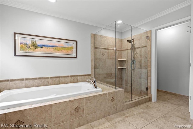 1307 Trillium Ct, Wixom, MI 48393 - bathroom featuring a garden tub, a shower stall, ornamental molding, tile patterned floors, and recessed lighting