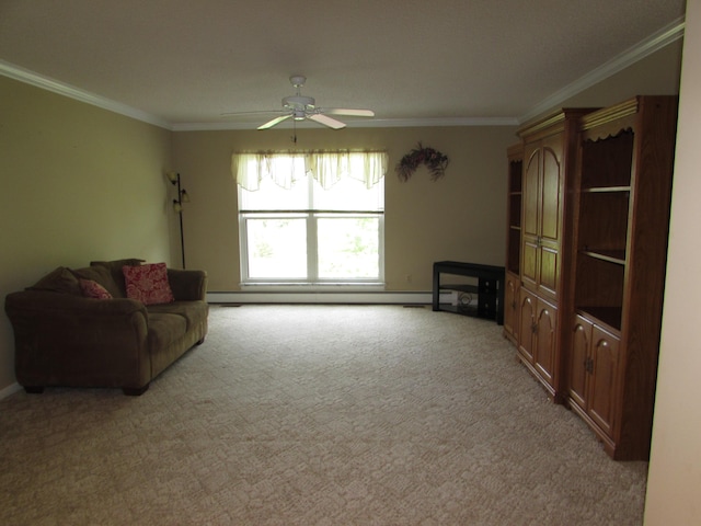 9920 Camridge Ct, South Lyon, MI 48178 - unfurnished living room with light colored carpet, crown molding, a ceiling fan, and baseboards