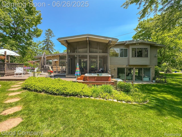 30239 Hickory Ln, Franklin, MI 48025 - back of property featuring a hot tub, a sunroom, a wooden deck, and a patio