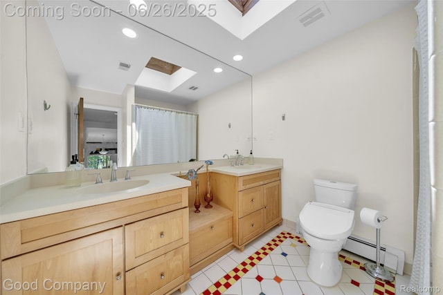30239 Hickory Ln, Franklin, MI 48025 - full bath featuring baseboard heating, a skylight, double vanity, tile patterned floors, and recessed lighting