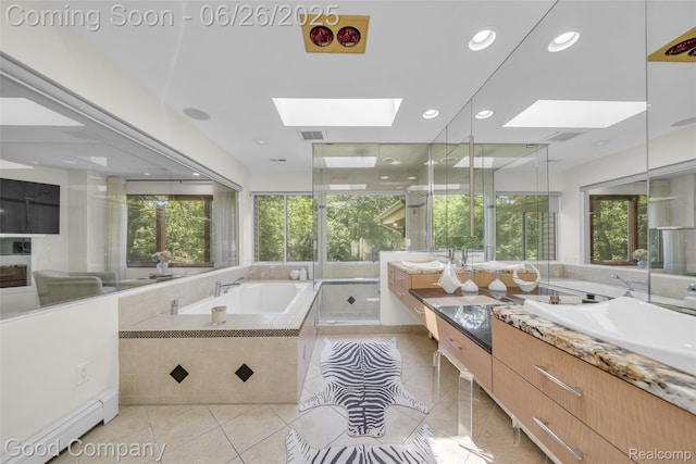 30239 Hickory Ln, Franklin, MI 48025 - bathroom with a skylight, vanity, a bath, baseboard heating, and tile patterned floors